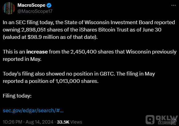 威斯康星州養老基金增持貝萊德BitcoinETF圖片